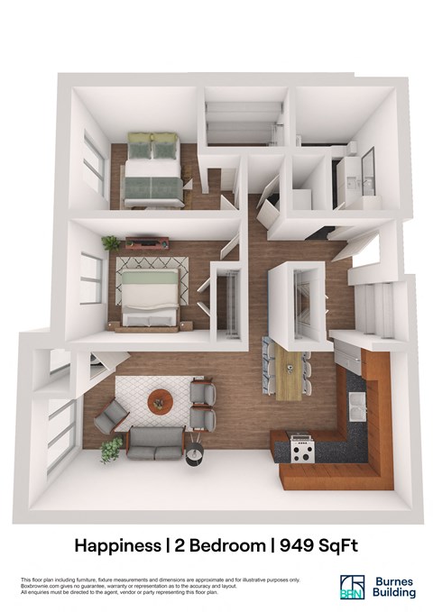 Floor plan for 2 beds, 1 bath, 949 sqft
